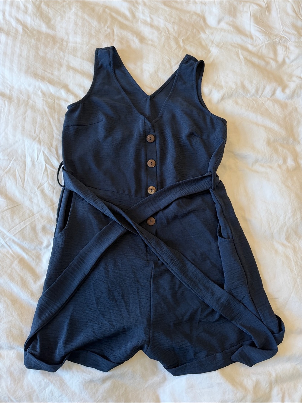 Women's Navy Button-Front Sleeveless Romper with Belt